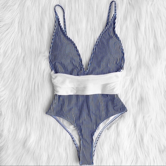 Daisys Boutique Other - Blue white striped plunge wrap belt one piece